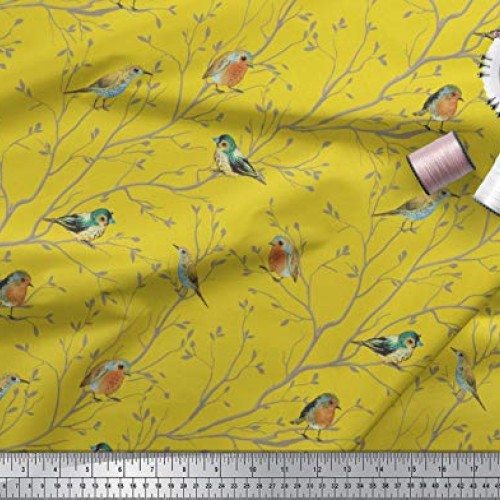 Soimoi Yellow Silk Fabric Leaves & Flowerpecker Bird Print Fabric ...