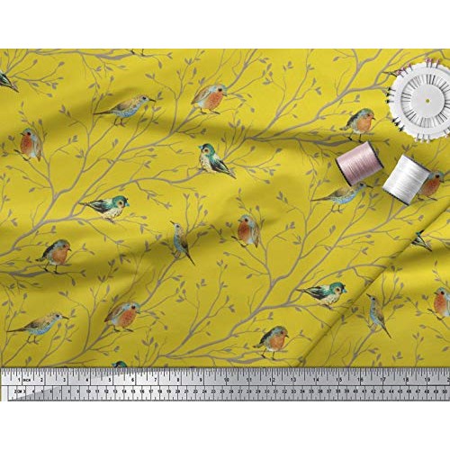 Soimoi Yellow Silk Fabric Leaves & Flowerpecker Bird Print Fabric ...
