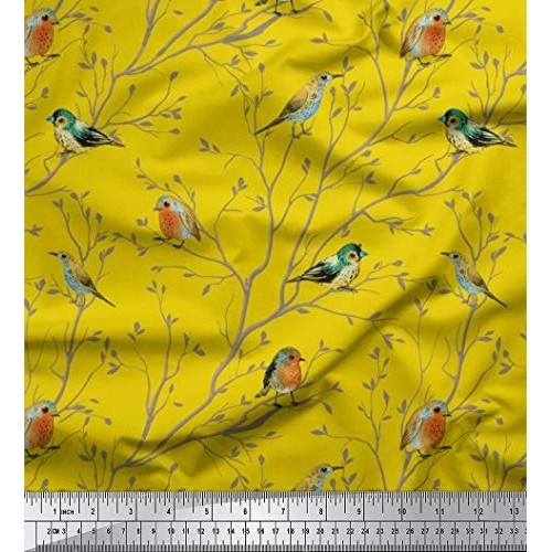 Soimoi Yellow Silk Fabric Leaves & Flowerpecker Bird Print Fabric ...