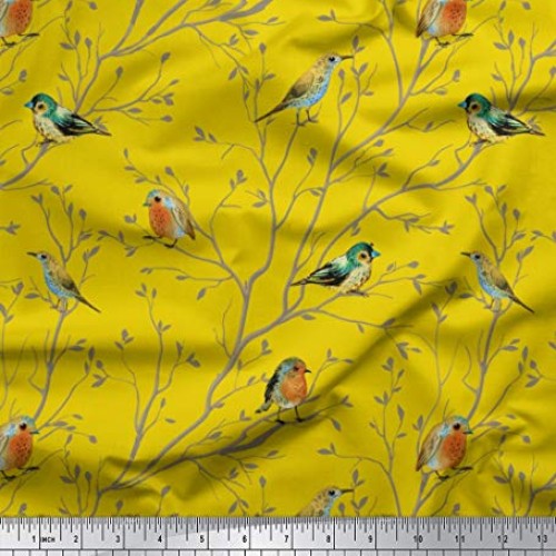 Soimoi Yellow Silk Fabric Leaves & Flowerpecker Bird Print Fabric ...