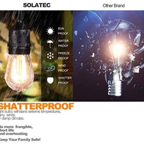 Solatec LED String Lights, Shatterproof 48FT 15 Hanging Sockets Co...