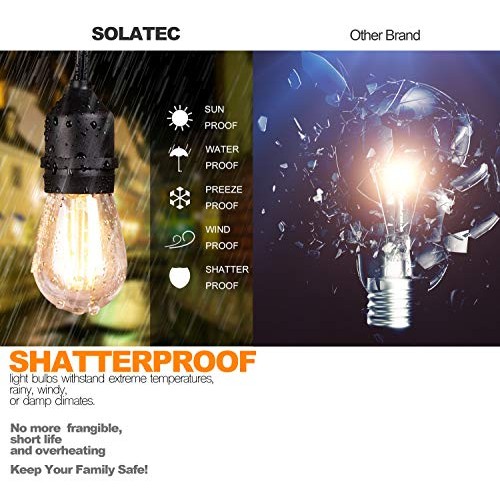 Solatec LED String Lights, Shatterproof 48FT 15 Hanging Sockets Co...