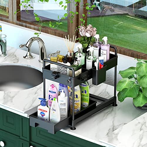 SOLEJAZZ 2-Tier Under Sink Organizer, Sliding Under Bathroom Cabin...