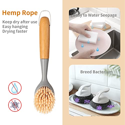 2 Pack Kitchen Dish Brush Bamboo Handle Dish Scrubber Built-in Scr...
