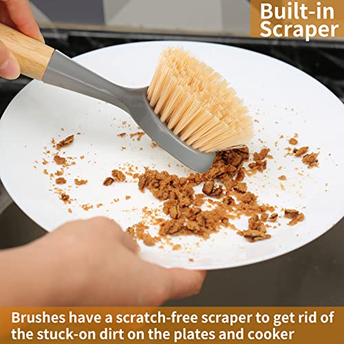 2 Pack Kitchen Dish Brush Bamboo Handle Dish Scrubber Built-in Scr...
