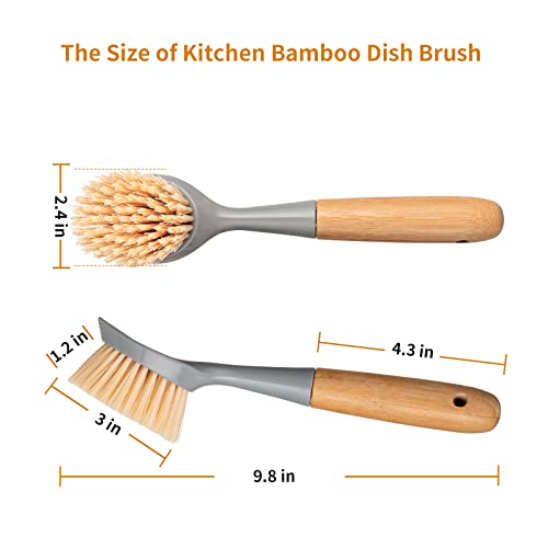 2 Pack Kitchen Dish Brush Bamboo Handle Dish Scrubber Built-in Scr...