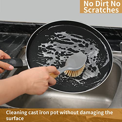 2 Pack Kitchen Dish Brush Bamboo Handle Dish Scrubber Built-in Scr...