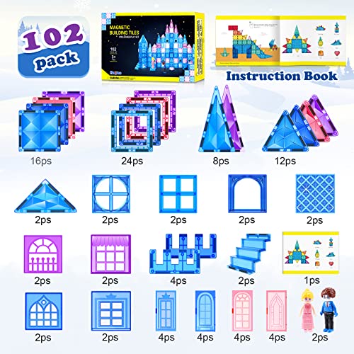 Diamond Magnetic Tiles 102pcs with Dolls, Girls Toys Age 4-5 6-8, ...