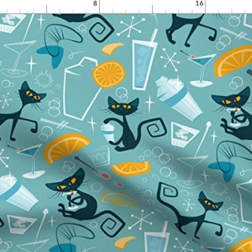 Spoonflower Fabric - 1950S Cats Atomic Mid Century Blue Retro Mode...