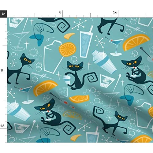 Spoonflower Fabric - 1950S Cats Atomic Mid Century Blue Retro Mode...