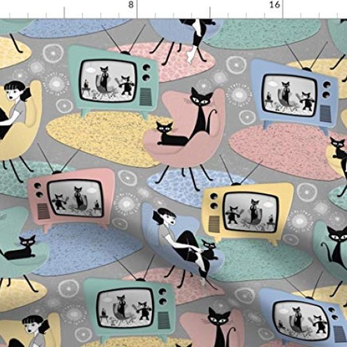 Spoonflower Fabric - 50S 1950S Pastel Television Cats Mid Century ...
