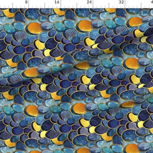 Spoonflower Fabric - Abstract Deep Blue Scale Watercolor Golden Li...