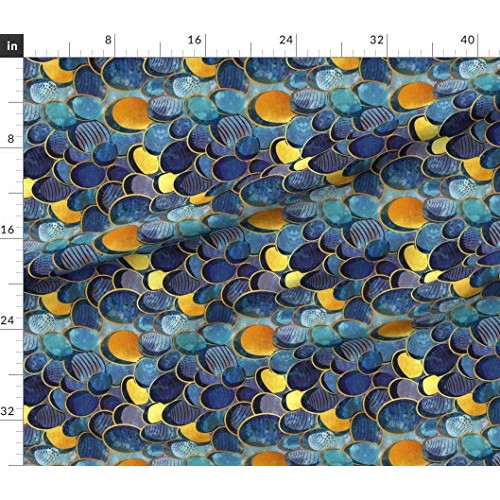 Spoonflower Fabric - Abstract Deep Blue Scale Watercolor Golden Li...