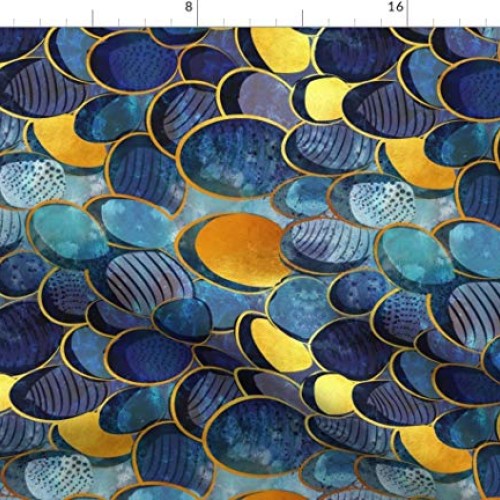 Spoonflower Fabric - Abstract Deep Blue Scale Watercolor Golden Li...