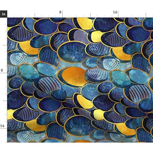 Spoonflower Fabric - Abstract Deep Blue Scale Watercolor Golden Li...