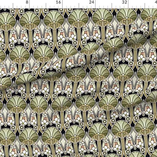 Spoonflower Fabric - Art Deco Abstract Green Nouveau Fan Flowers P...
