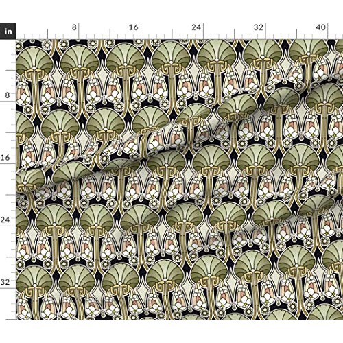 Spoonflower Fabric - Art Deco Abstract Green Nouveau Fan Flowers P...