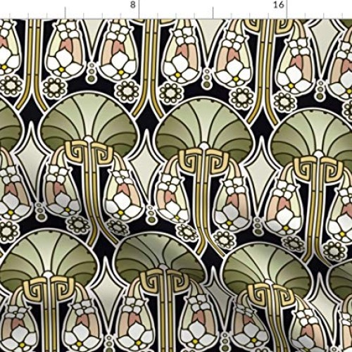 Spoonflower Fabric - Art Deco Abstract Green Nouveau Fan Flowers P...
