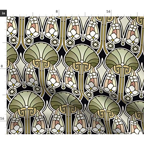 Spoonflower Fabric - Art Deco Abstract Green Nouveau Fan Flowers P...