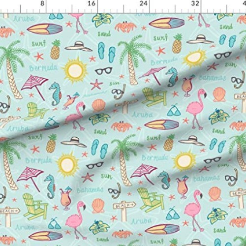 Spoonflower Fabric - Beach Islands Tropical Flamingo Palm Tree Sum...