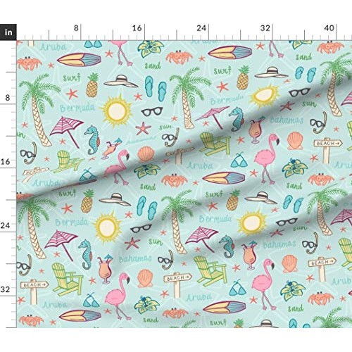 Spoonflower Fabric - Beach Islands Tropical Flamingo Palm Tree Sum...