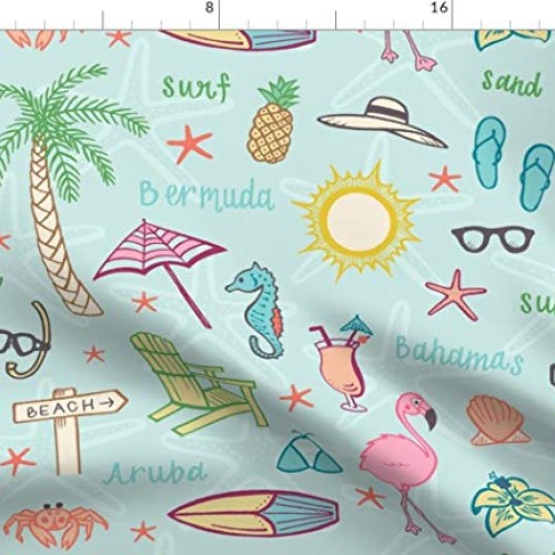 Spoonflower Fabric - Beach Islands Tropical Flamingo Palm Tree Sum...