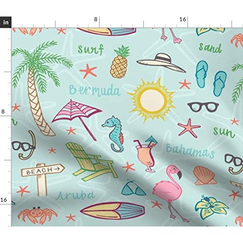 Spoonflower Fabric - Beach Islands Tropical Flamingo Palm Tree Sum...