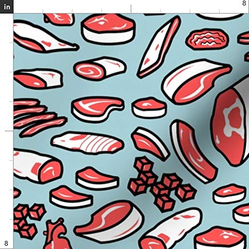 Spoonflower Fabric - Blue Retro Meat Print Vintage Beef Bacon Food...
