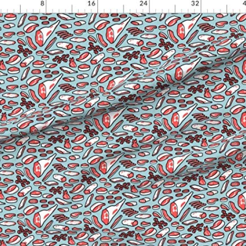 Spoonflower Fabric - Blue Retro Meat Print Vintage Beef Bacon Food...