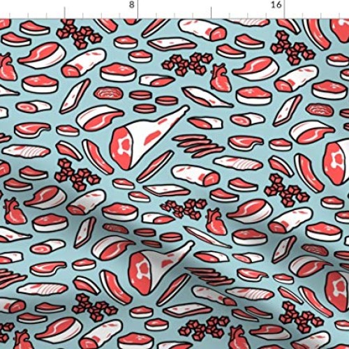 Spoonflower Fabric - Blue Retro Meat Print Vintage Beef Bacon Food...