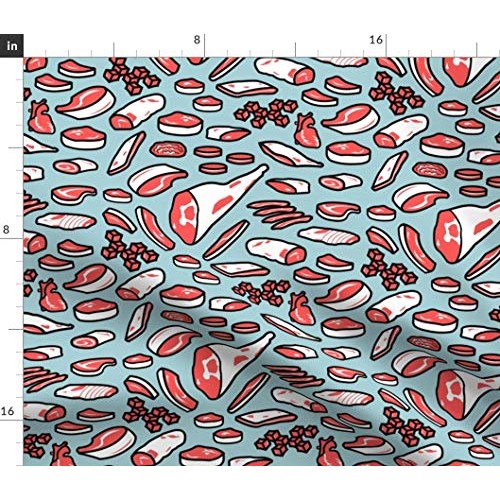 Spoonflower Fabric - Blue Retro Meat Print Vintage Beef Bacon Food...