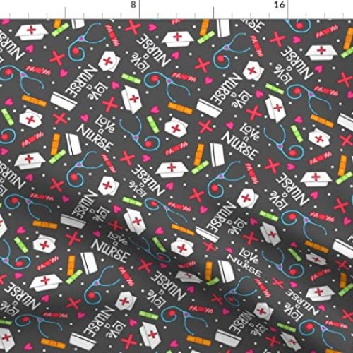 Spoonflower Fabric - Charcoal Gray, Red, White, Love, Nurse, Words...