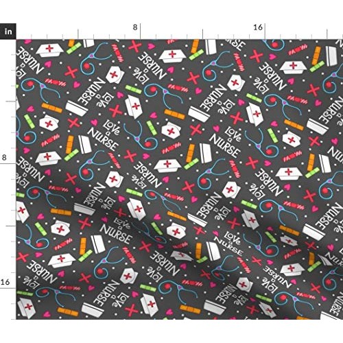 Spoonflower Fabric - Charcoal Gray, Red, White, Love, Nurse, Words...