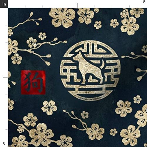 Spoonflower Fabric - Chinese Year Dogs Gold Dark Blue Cherry Bloss...