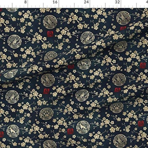 Spoonflower Fabric - Chinese Year Dogs Gold Dark Blue Cherry Bloss...