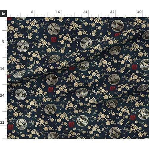 Spoonflower Fabric - Chinese Year Dogs Gold Dark Blue Cherry Bloss...