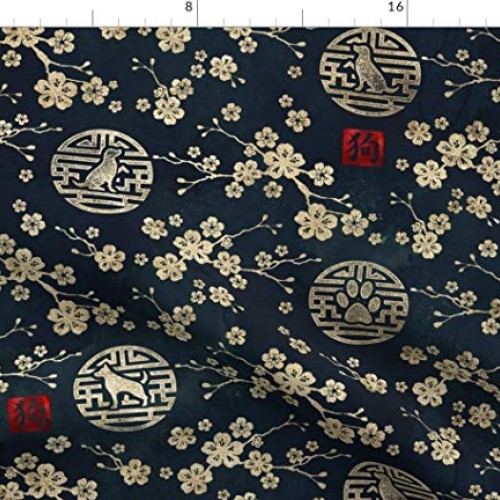 Spoonflower Fabric - Chinese Year Dogs Gold Dark Blue Cherry Bloss...