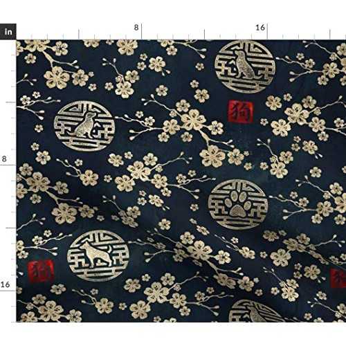 Spoonflower Fabric - Chinese Year Dogs Gold Dark Blue Cherry Bloss...