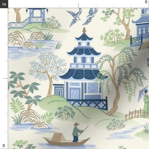 Spoonflower Fabric - Chinoiserie, Pagoda, Blue, Green, Asian Art, ...