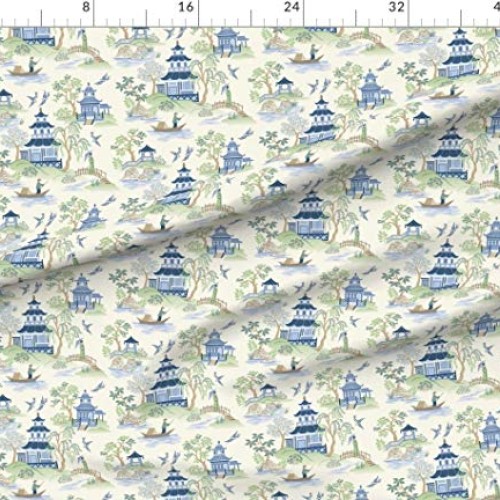 Spoonflower Fabric - Chinoiserie, Pagoda, Blue, Green, Asian Art, ...