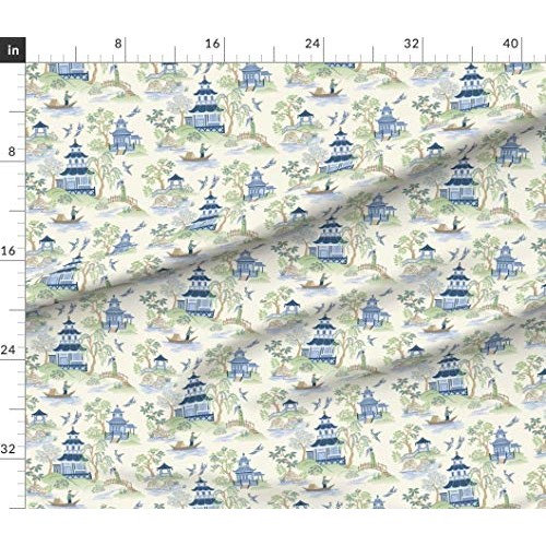 Spoonflower Fabric - Chinoiserie, Pagoda, Blue, Green, Asian Art, ...