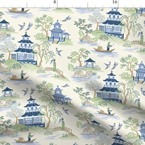 Spoonflower Fabric - Chinoiserie, Pagoda, Blue, Green, Asian Art, ...