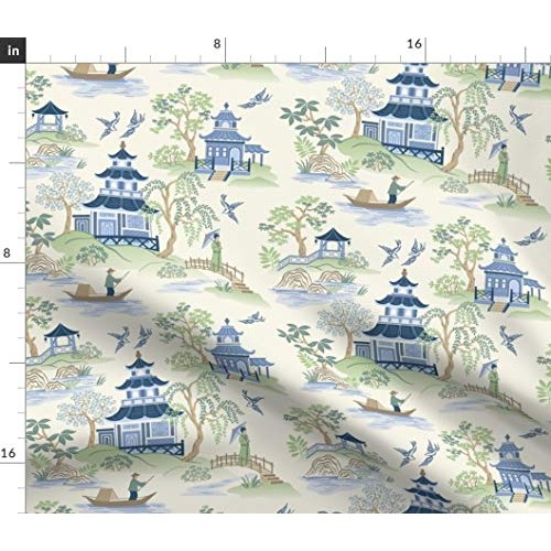 Spoonflower Fabric - Chinoiserie, Pagoda, Blue, Green, Asian Art, ...