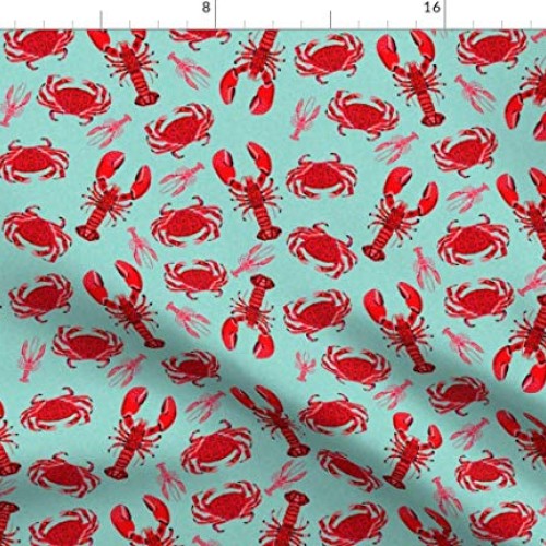 Spoonflower Fabric - Crab Lobsters Mint Crabs Ocean Nautical Prepp...