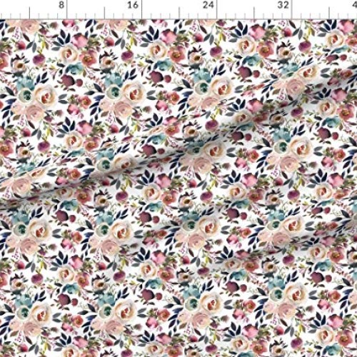 Spoonflower Fabric - Floral Dusty Winter Turquoise Watercolor Flow...