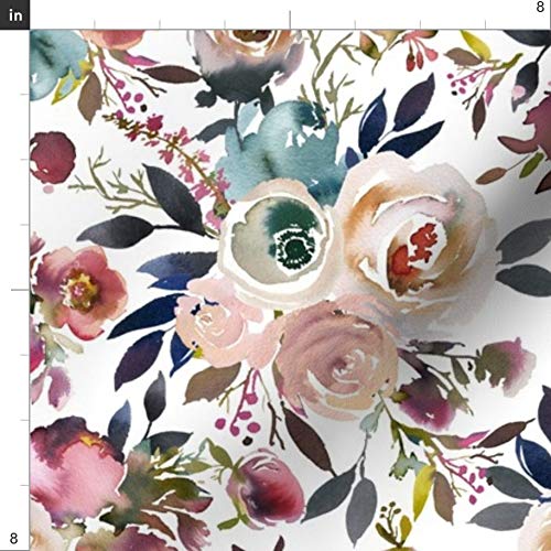 Spoonflower Fabric - Floral Dusty Winter Turquoise Watercolor Flow...