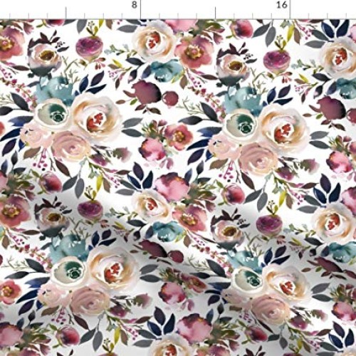Spoonflower Fabric - Floral Dusty Winter Turquoise Watercolor Flow...