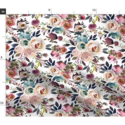 Spoonflower Fabric - Floral Dusty Winter Turquoise Watercolor Flow...