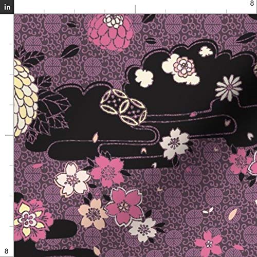 Spoonflower Fabric - Flowers Pink Purple Black Japanese Flower Che...