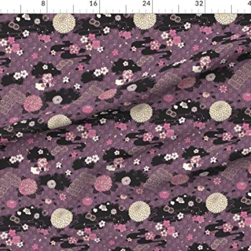 Spoonflower Fabric - Flowers Pink Purple Black Japanese Flower Che...